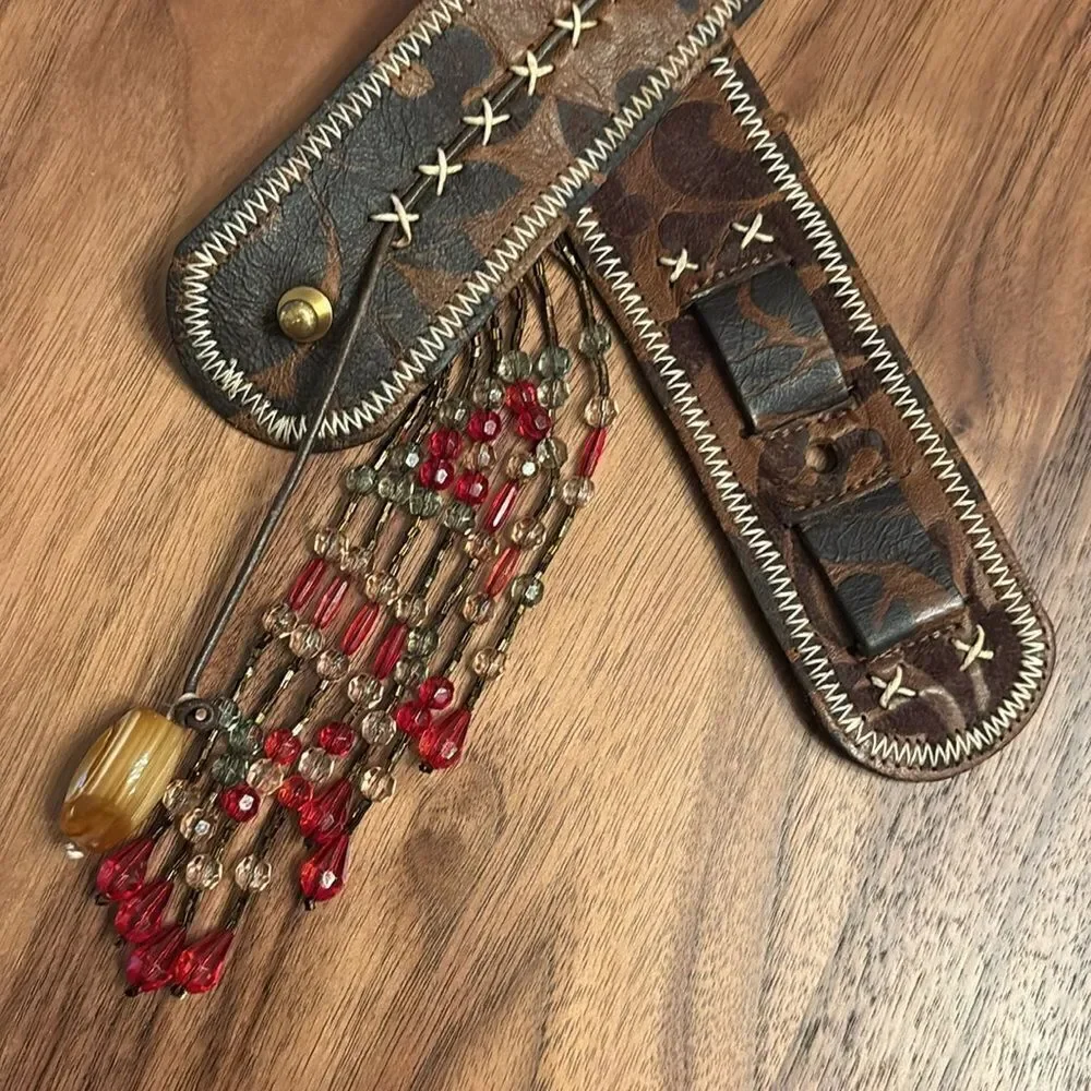 Streets Ahead Brown Leather Belt with Beaded Fringe - S